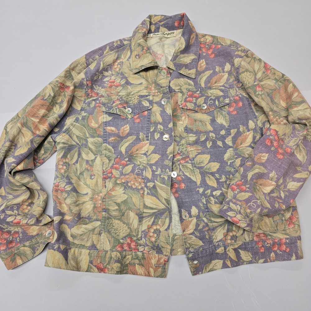 Norm Thompson Floral Denim Jacket Women's Size L Button Down Long Sleeve